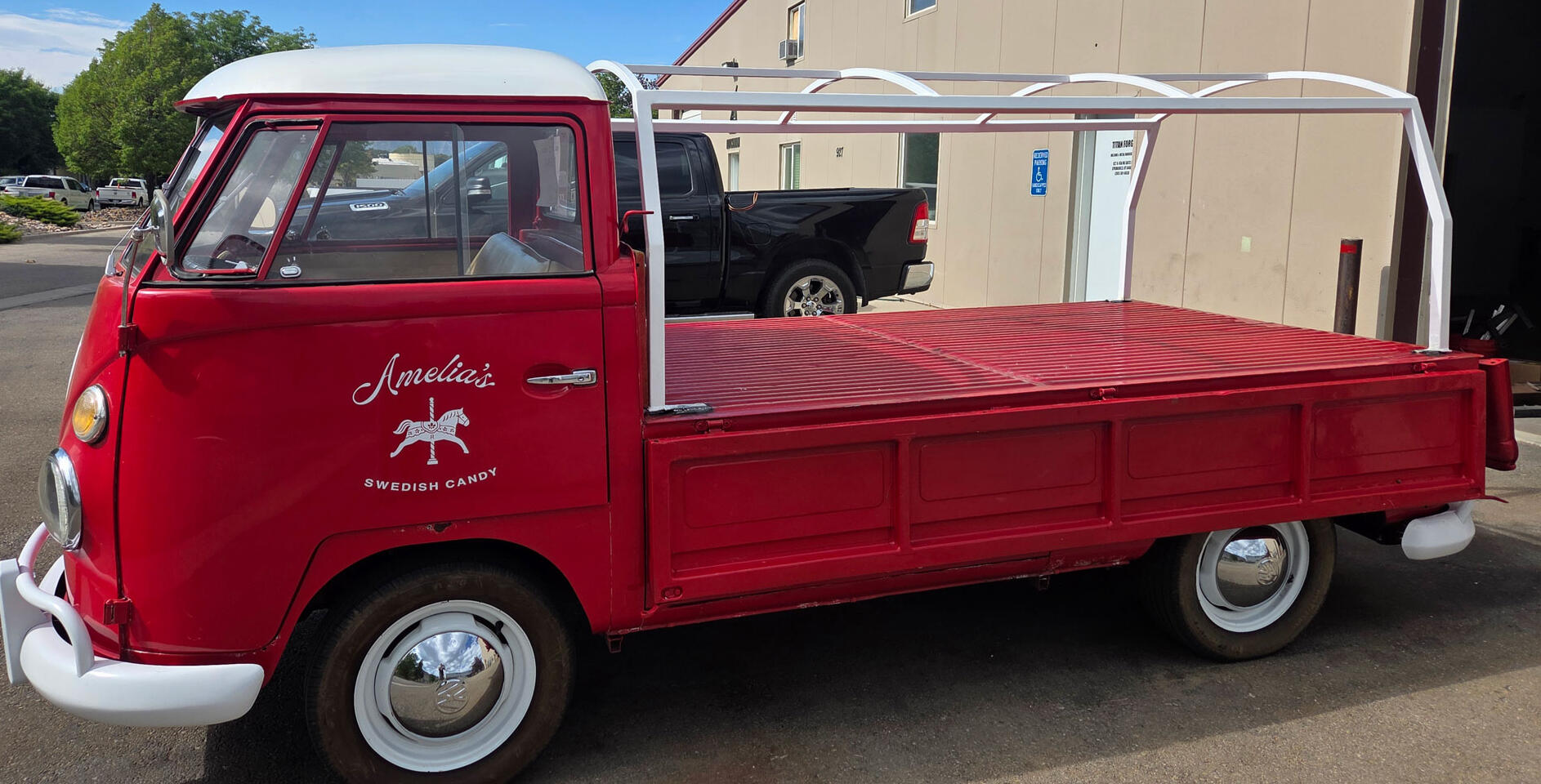 Custom-fabricated truck frame designed by Jason Pedersen of Titan Forge LLC for Amelia’s Swedish Candy vintage VW truck in Springville, Utah.